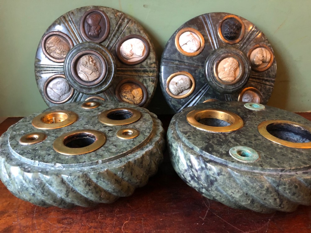 Fine ‘matched’ pair of late C19th Italian ‘Grand Tour’ souvenir serpentine marble inkstands each mounted with carved lava cameo profiles . View XII