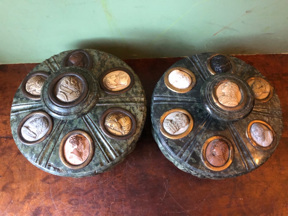 Fine ‘matched’ pair of late C19th Italian ‘Grand Tour’ souvenir serpentine marble inkstands each mounted with carved lava cameo profiles . View XIII