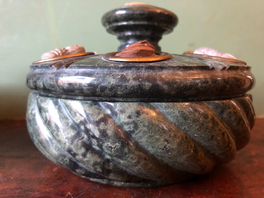 Fine ‘matched’ pair of late C19th Italian ‘Grand Tour’ souvenir serpentine marble inkstands each mounted with carved lava cameo profiles . View XVI