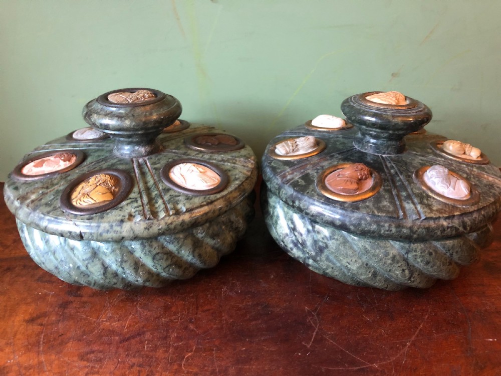 Fine ‘matched’ pair of late C19th Italian ‘Grand Tour’ souvenir serpentine marble inkstands each mounted with carved lava cameo profiles . View XVII