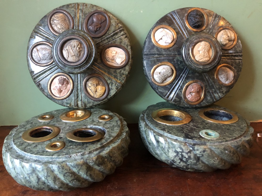 Fine ‘matched’ pair of late C19th Italian ‘Grand Tour’ souvenir serpentine marble inkstands each mounted with carved lava cameo profiles . View XX