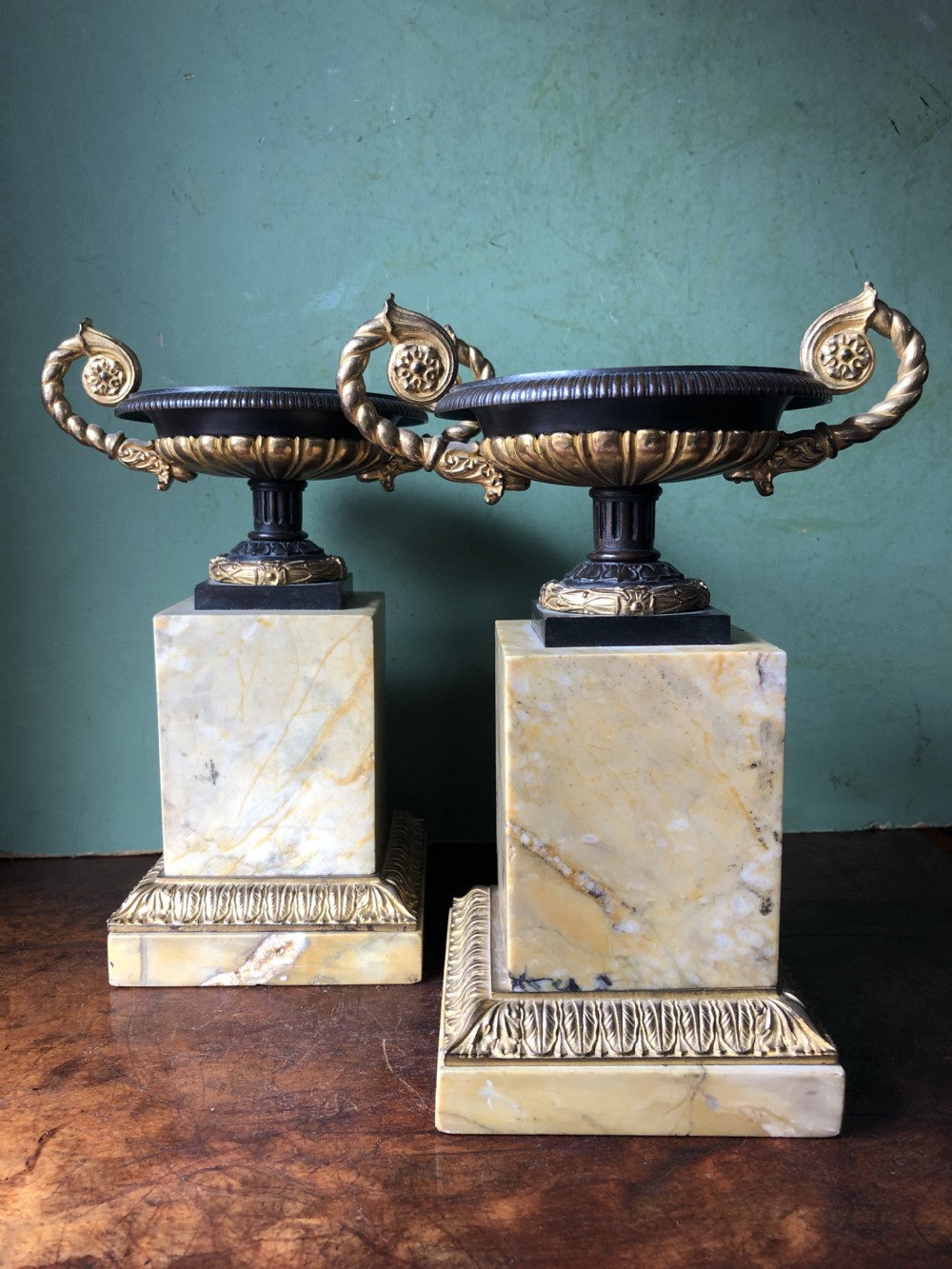 Pair of early C19th French Charles X period bronze , ormolu and giallo antico marble tazzas. View XXIII