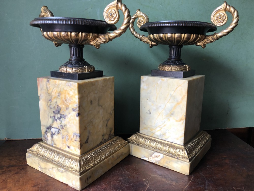 Pair of early C19th French Charles X period bronze , ormolu and giallo antico marble tazzas. View XXV