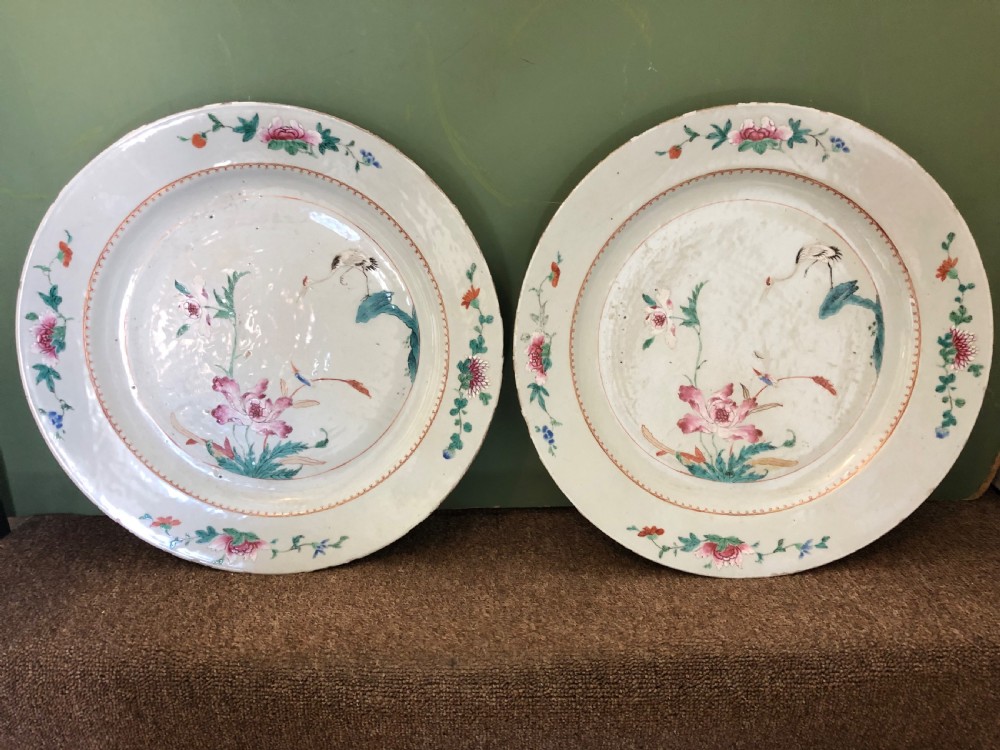 Pair of mid C18th Chinese Qianlong period porcelain dished chargers .