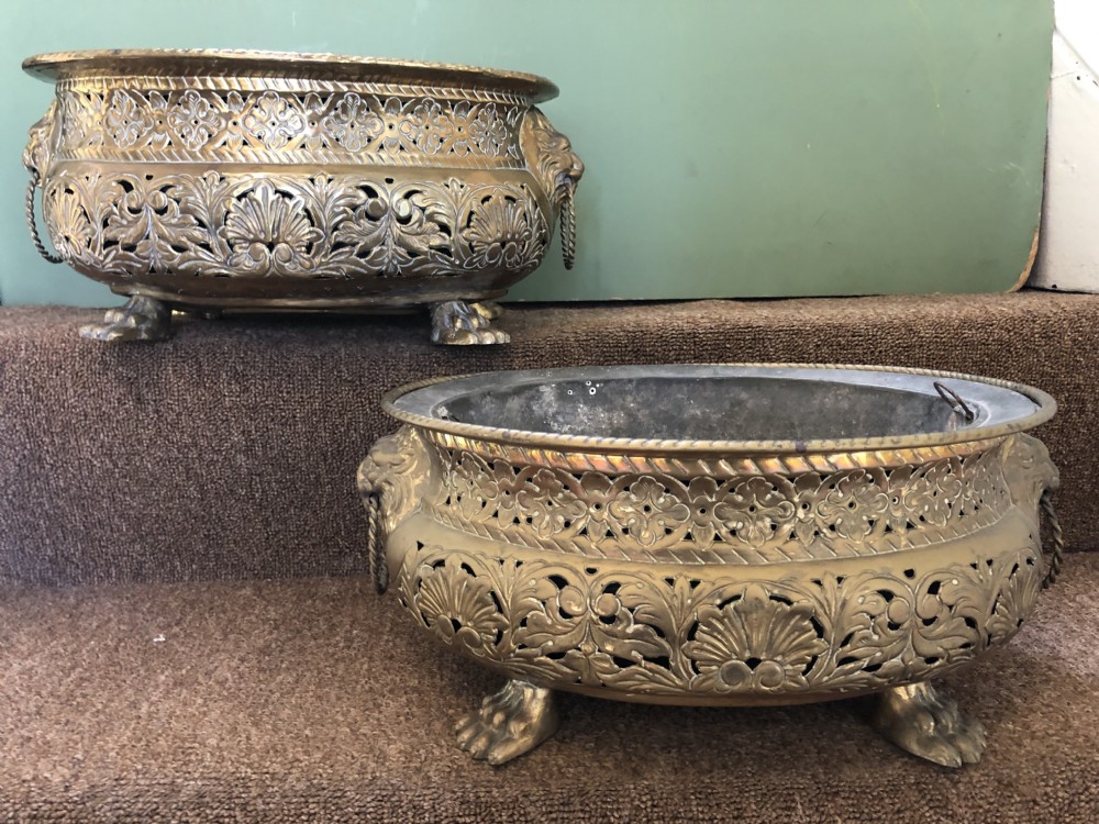 Pair of late C18th/ early C19th Dutch oval gilded brass jardinières or planters. View IX