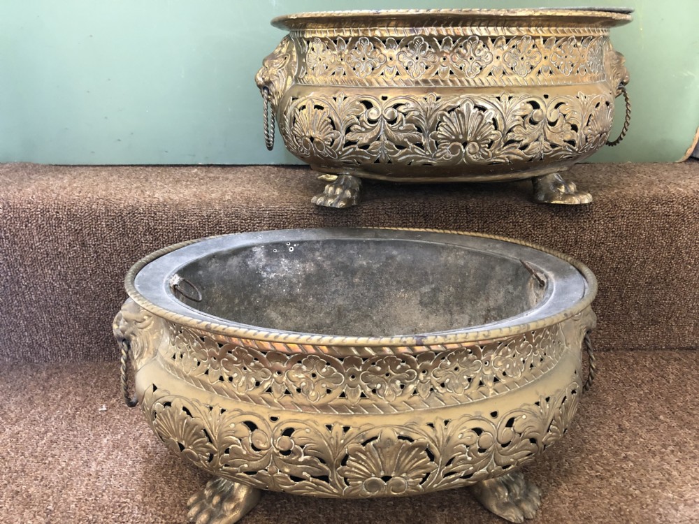 Pair of late C18th/ early C19th Dutch oval gilded brass jardinières or planters. View X