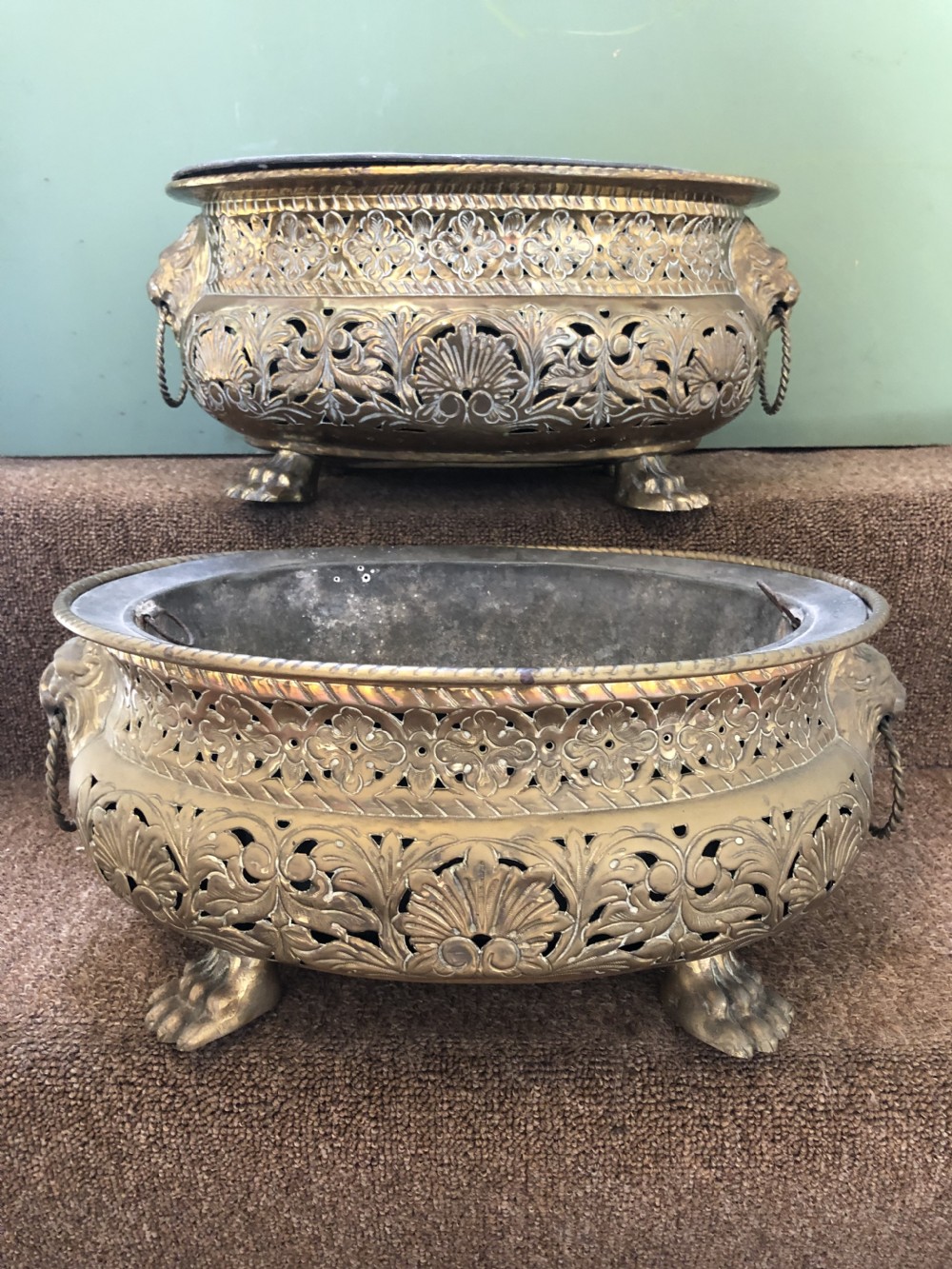 Pair of late C18th/ early C19th Dutch oval gilded brass jardinières or planters. View XV