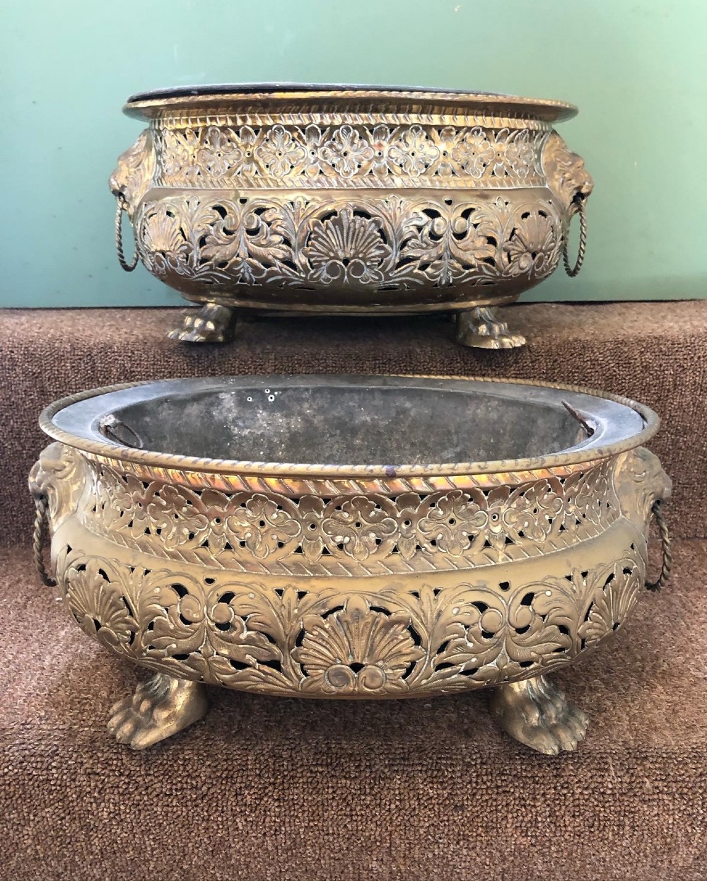 Pair of late C18th/ early C19th Dutch oval gilded brass jardinières or planters.