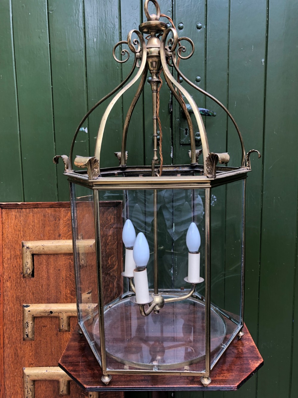 Early C20th brass-framed hexagonal glazed hall lantern of early C19th design.