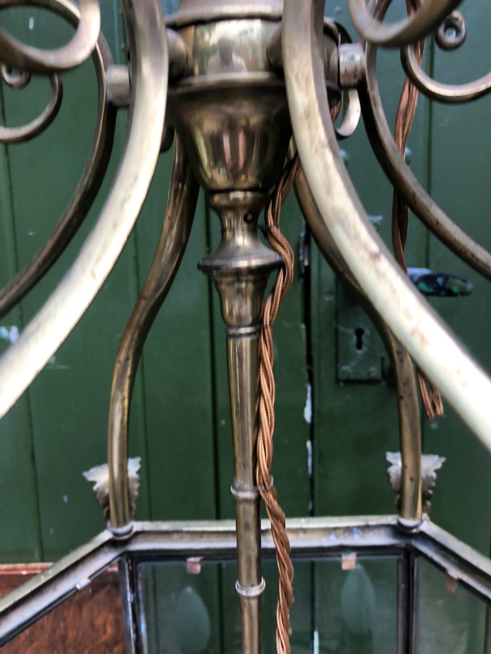 Early C20th brass-framed hexagonal glazed hall lantern of early C19th design. View V