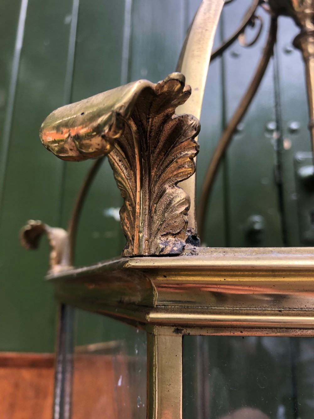 Early C20th brass-framed hexagonal glazed hall lantern of early C19th design. View VI