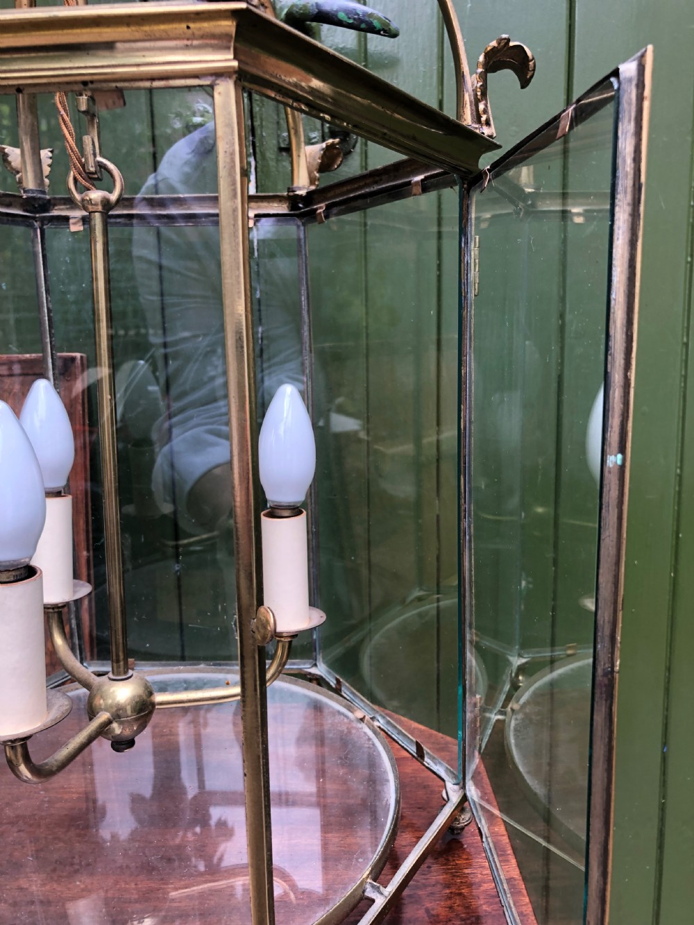 Early C20th brass-framed hexagonal glazed hall lantern of early C19th design. View VIII