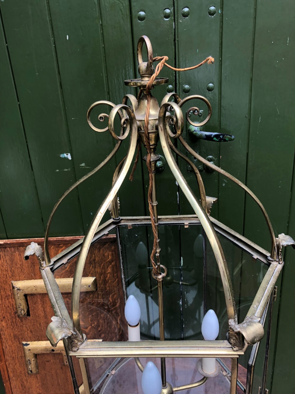 Early C20th brass-framed hexagonal glazed hall lantern of early C19th design. View IX