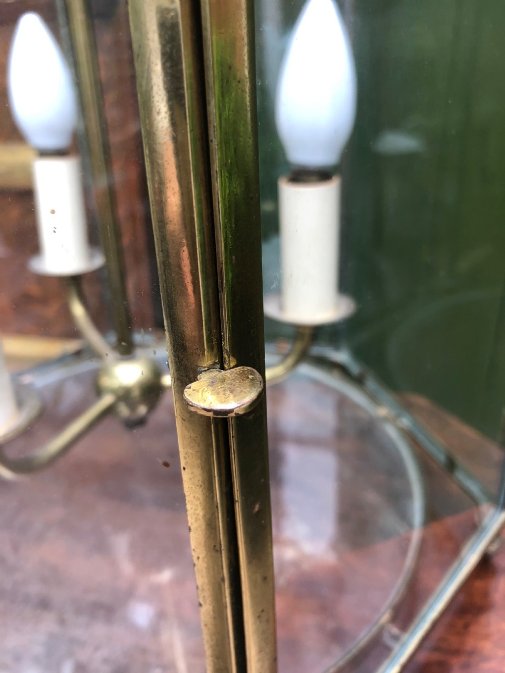 Early C20th brass-framed hexagonal glazed hall lantern of early C19th design. View X