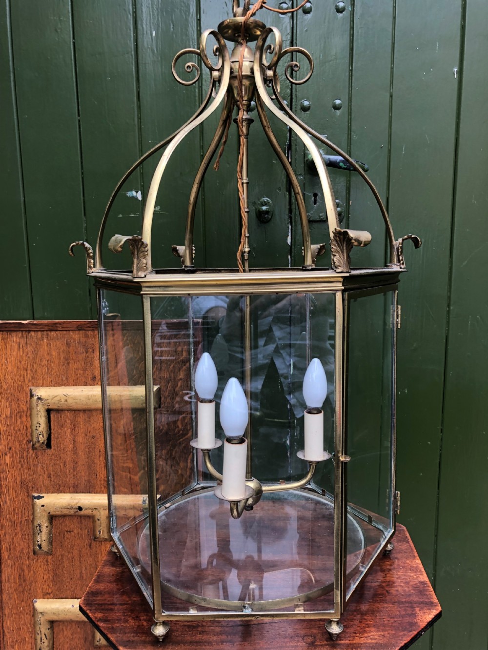 Early C20th brass-framed hexagonal glazed hall lantern of early C19th design. View XI