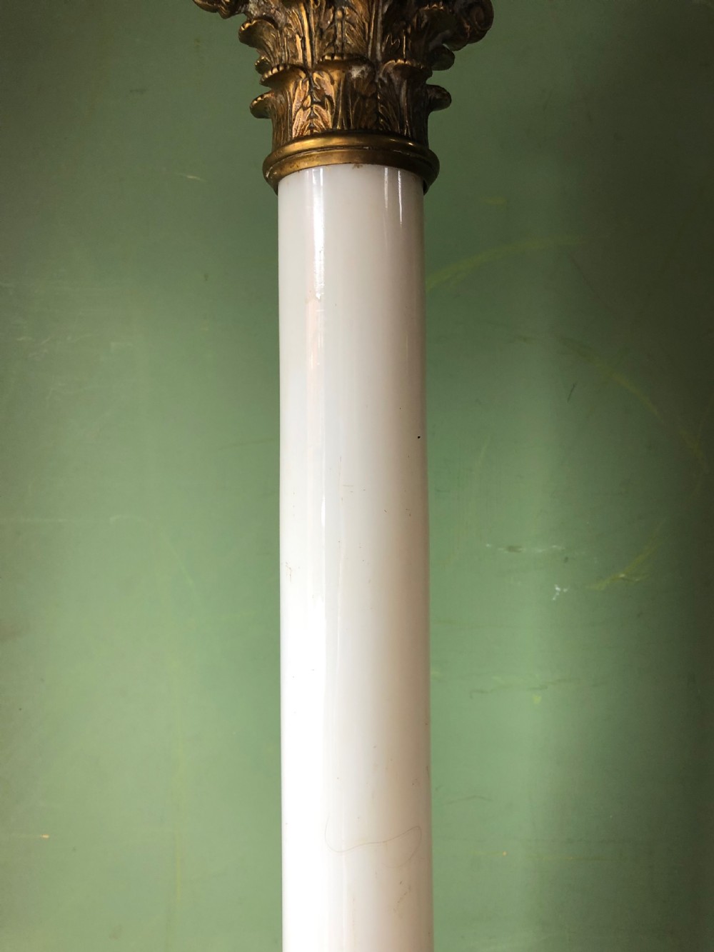 Large scale C19th opaline glass column lamp with brass corinthian capital and brass base . View VIII
