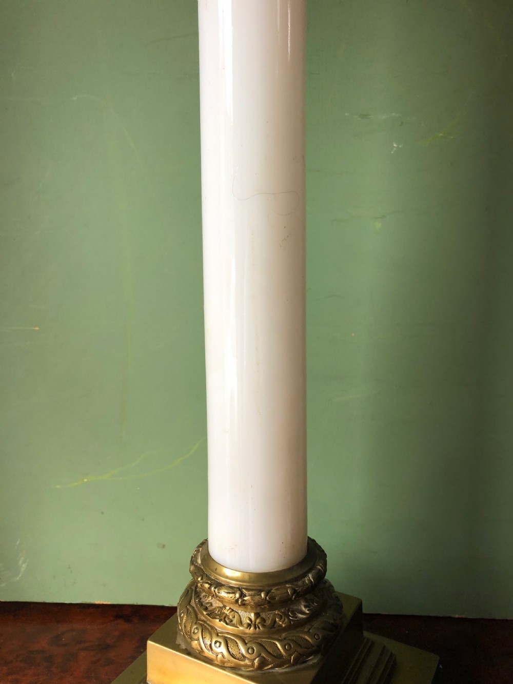 Large scale C19th opaline glass column lamp with brass corinthian capital and brass base . View IX
