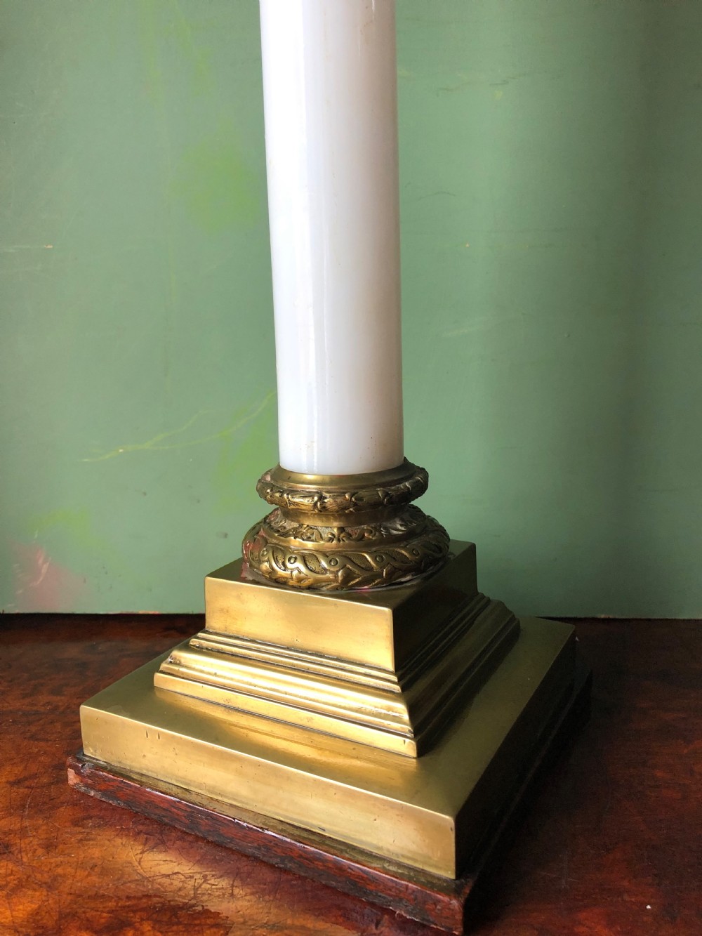 Large scale C19th opaline glass column lamp with brass corinthian capital and brass base . View XIV