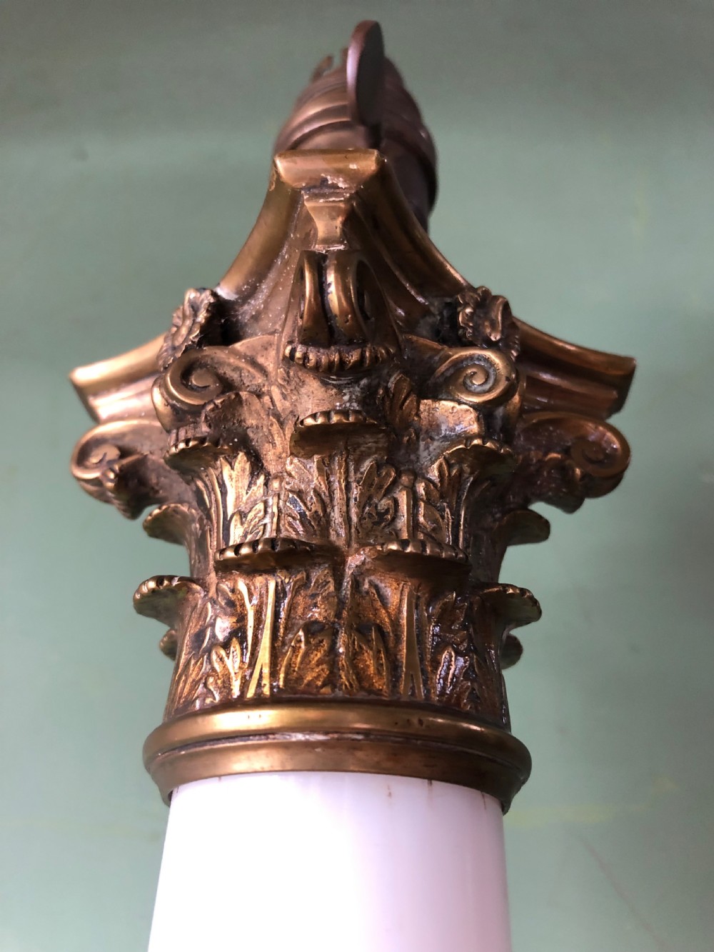 Large scale C19th opaline glass column lamp with brass corinthian capital and brass base . View XV