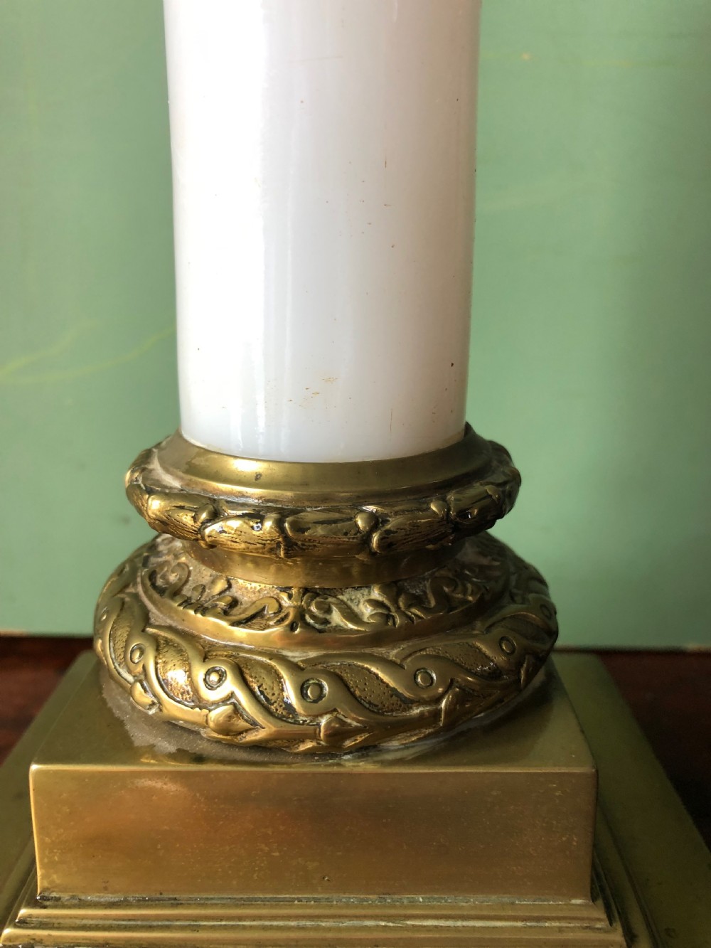 Large scale C19th opaline glass column lamp with brass corinthian capital and brass base . View XVI