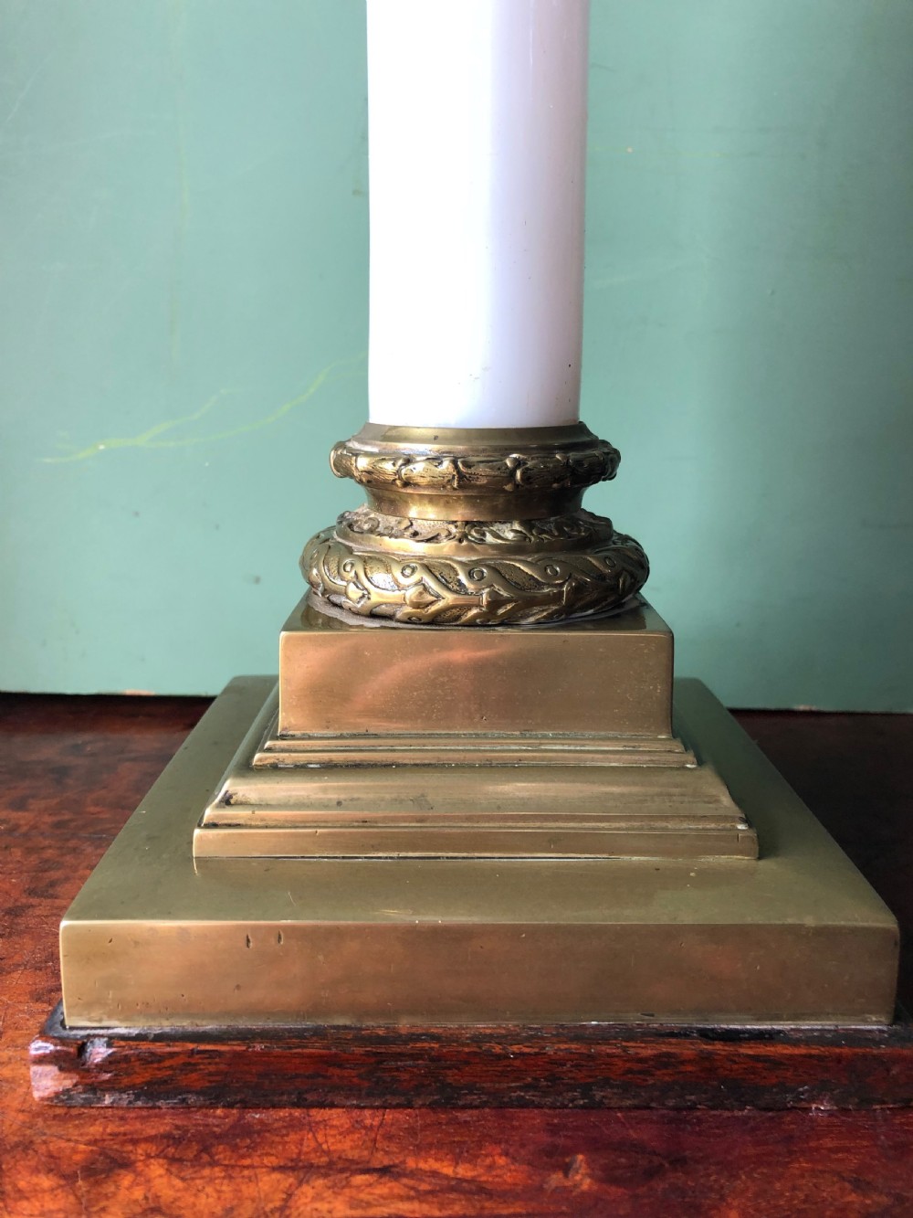 Large scale C19th opaline glass column lamp with brass corinthian capital and brass base . View XIX