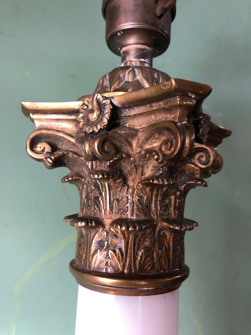 Large scale C19th opaline glass column lamp with brass corinthian capital and brass base . View XX