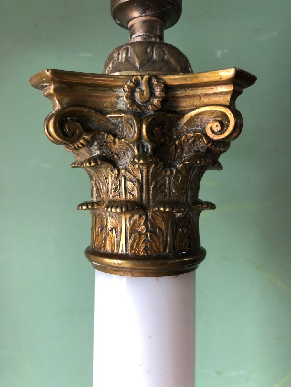 Large scale C19th opaline glass column lamp with brass corinthian capital and brass base . View XXI
