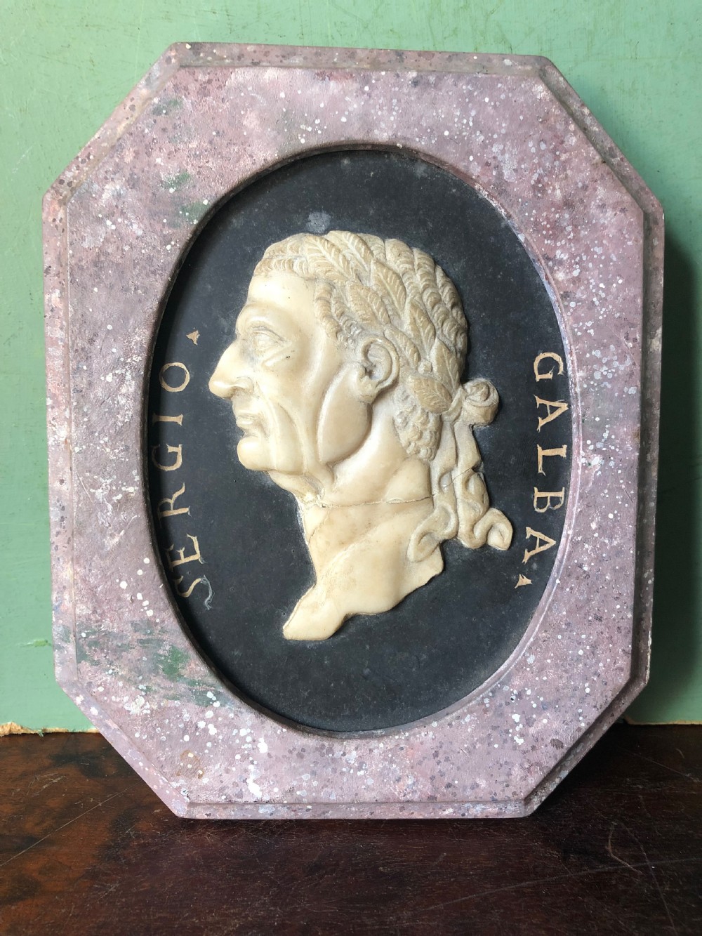 A pair of octagonal mottled pink marble plaques featuring carved off-white marble profile portraits of Roman emperors Vespasian and Galba set against black oval backgrounds. View V