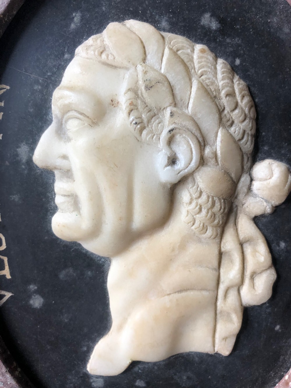 A pair of octagonal mottled pink marble plaques featuring carved off-white marble profile portraits of Roman emperors Vespasian and Galba set against black oval backgrounds. View XXI