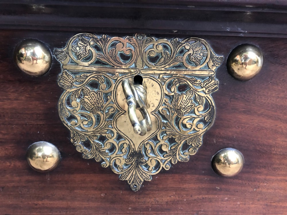 Mid C18th Dutch East Indies colonial brass-mounted padauk coffer or strong-box . View IV