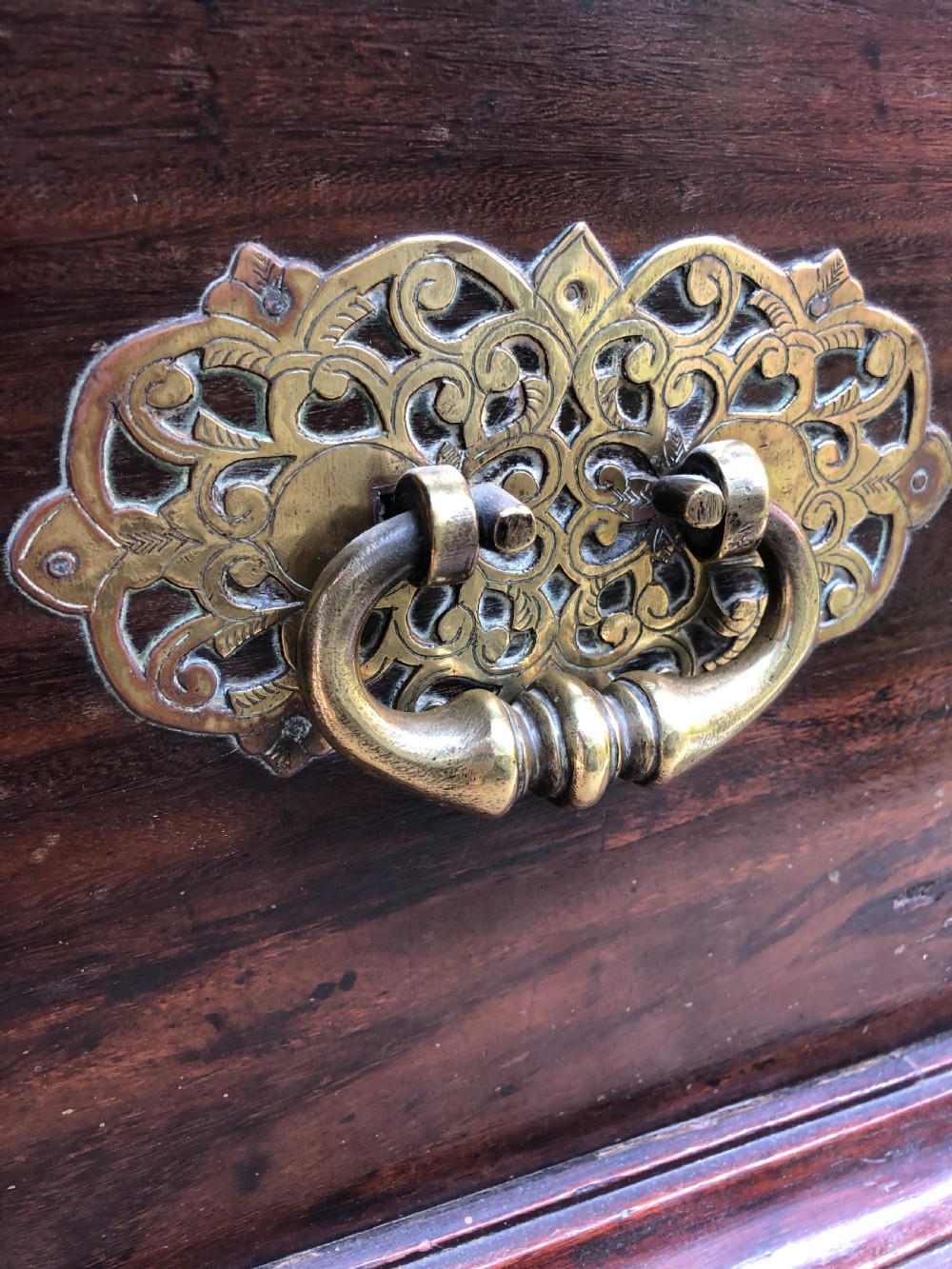 Mid C18th Dutch East Indies colonial brass-mounted padauk coffer or strong-box . View XVII