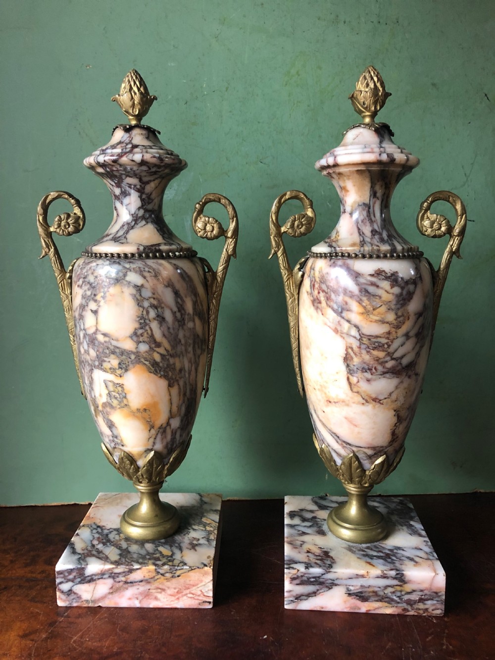 Pair of late C19th/ early C20th French ormolu-mounted marble vases. View II