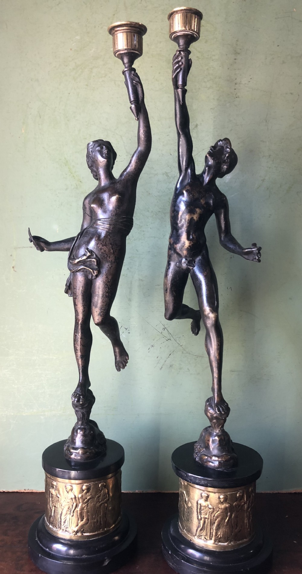 Pair of late C19th bronze classical figural candlesticks after Giambologna.