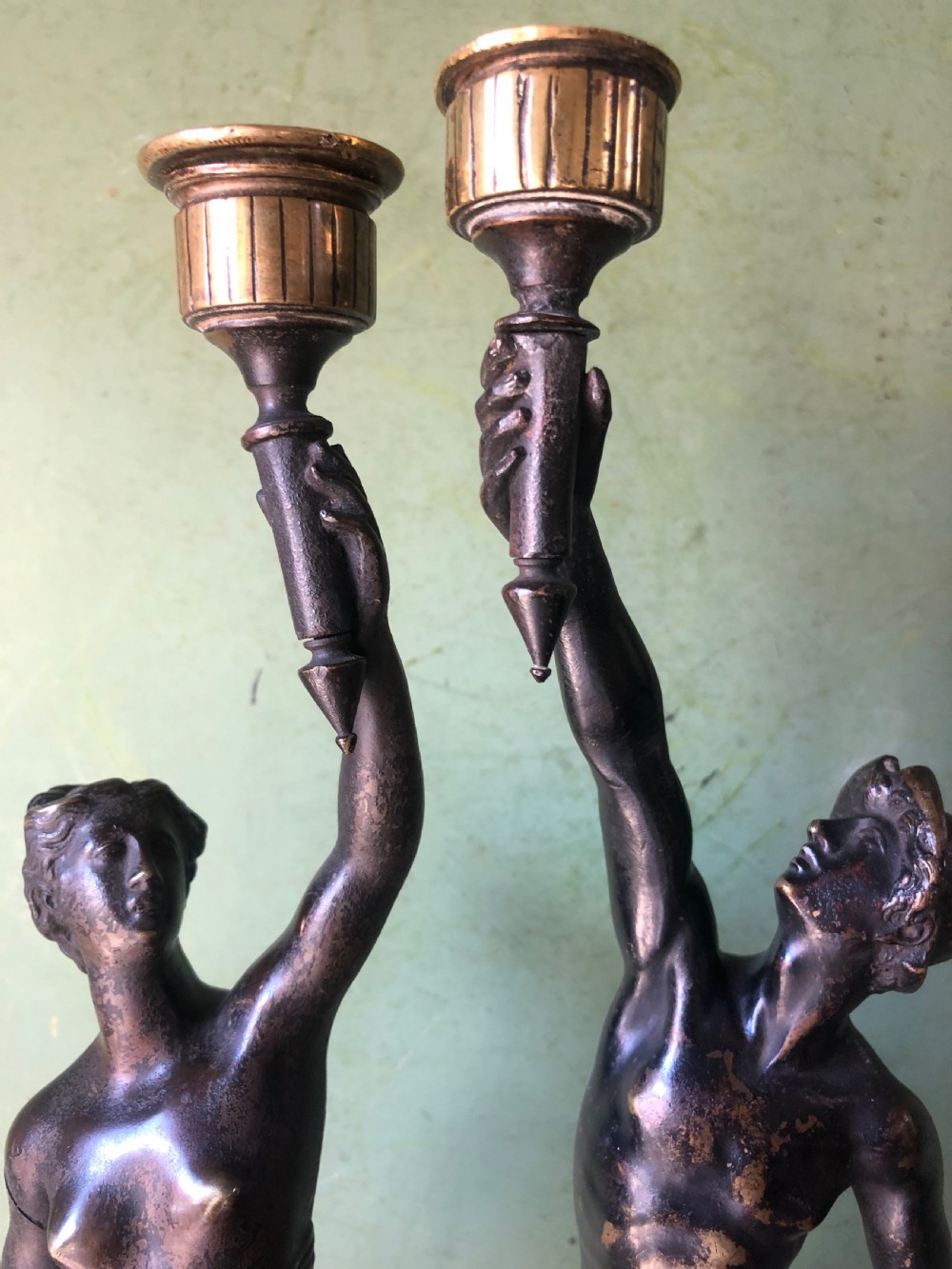 Pair of late C19th bronze classical figural candlesticks after Giambologna. View V