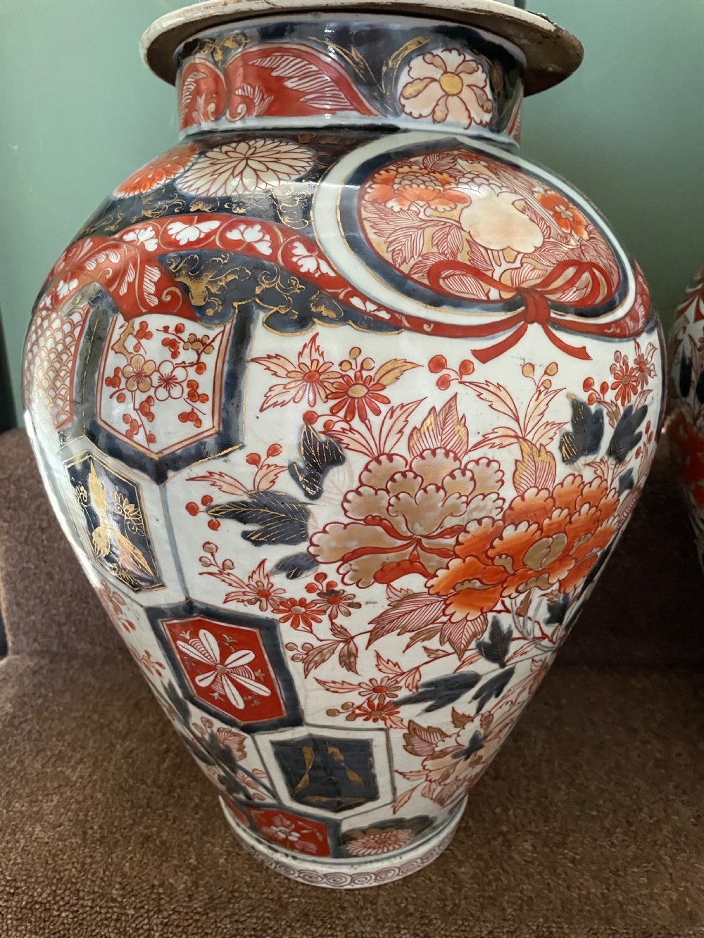 Pair of large late C17th / early C18th Japanese Genroku period porcelain vases and covers decorated in the Imari palette. View VII