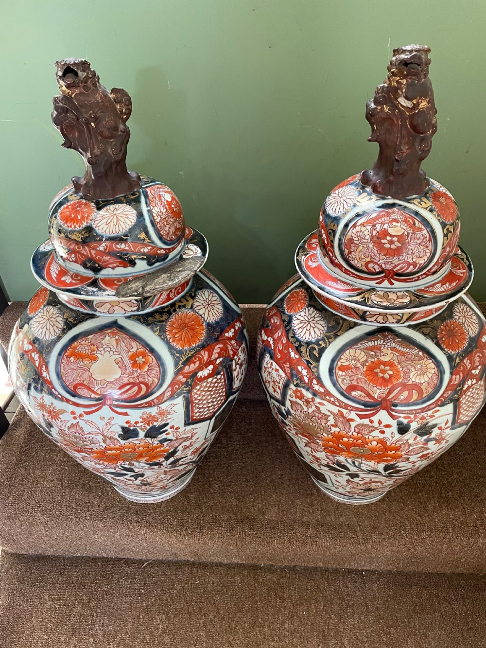Pair of large late C17th / early C18th Japanese Genroku period porcelain vases and covers decorated in the Imari palette. View XV