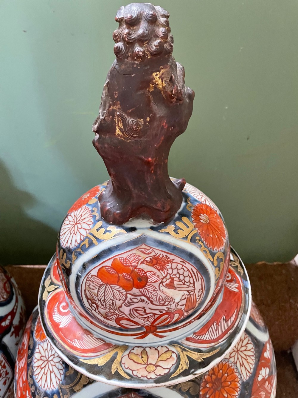 Pair of large late C17th / early C18th Japanese Genroku period porcelain vases and covers decorated in the Imari palette. View XVI