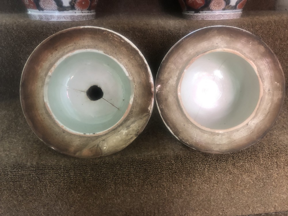 Pair of large late C17th / early C18th Japanese Genroku period porcelain vases and covers decorated in the Imari palette. View XVIII