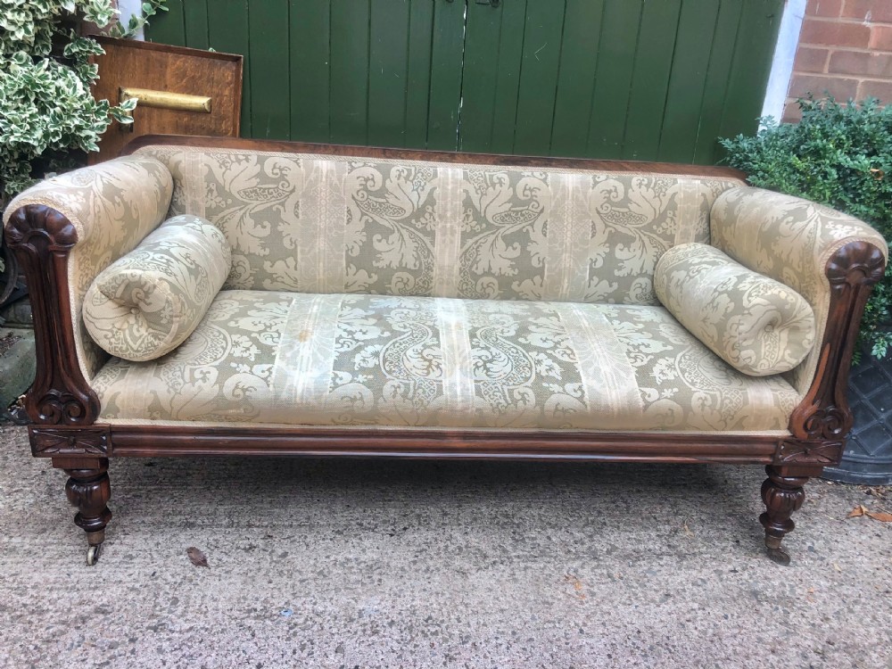 Early C19th William IV period carved rosewood framed sofa of practical scale and proportions. View III