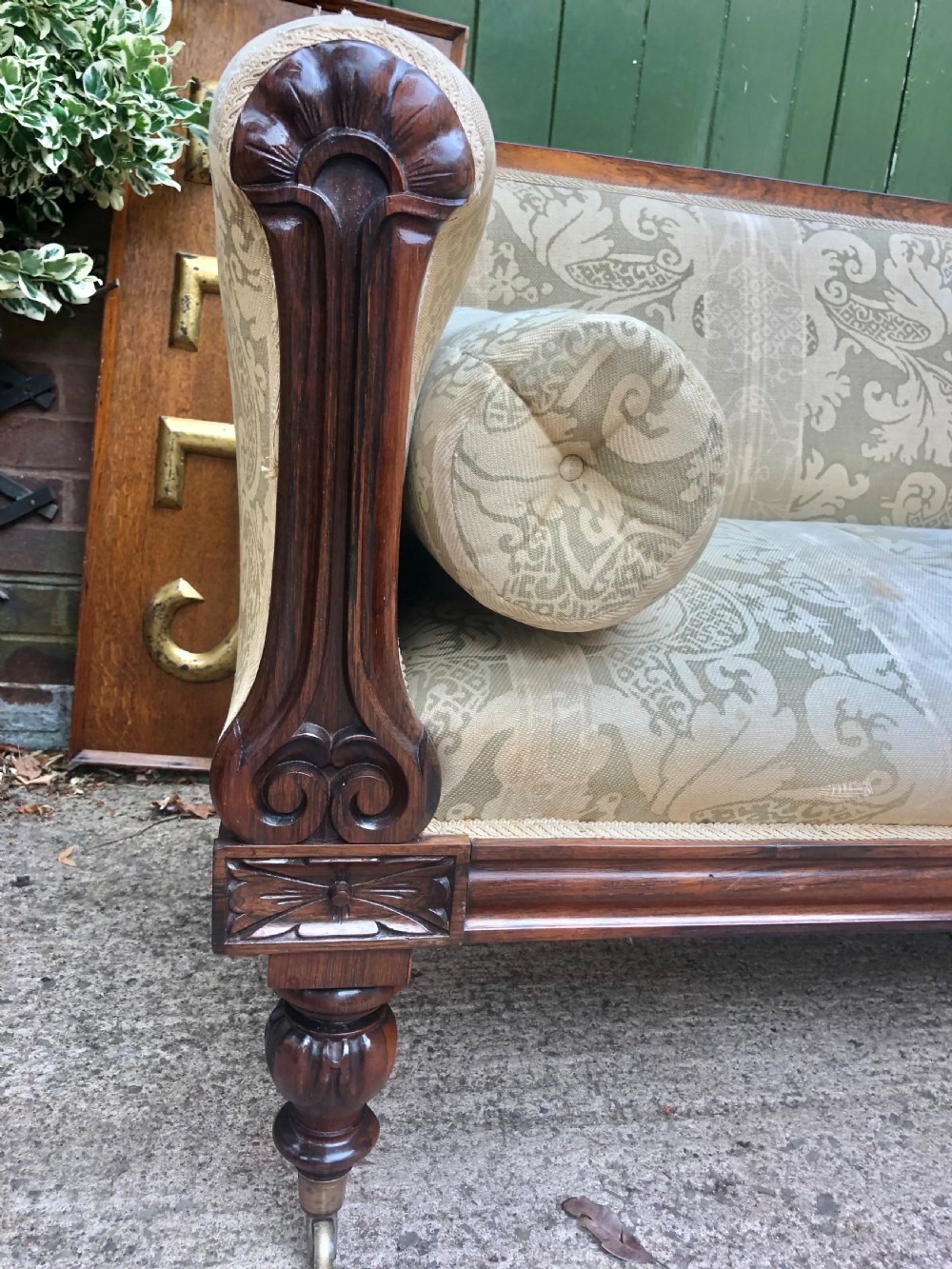 Early C19th William IV period carved rosewood framed sofa of practical scale and proportions. View V