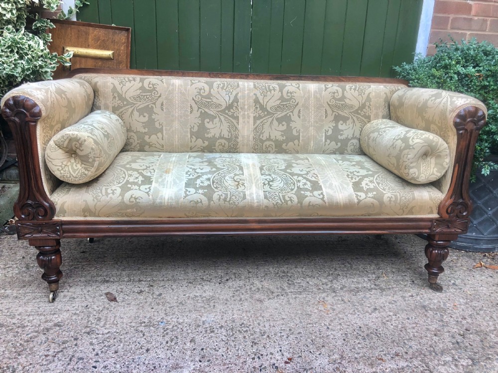 Early C19th William IV period carved rosewood framed sofa of practical scale and proportions. View VI