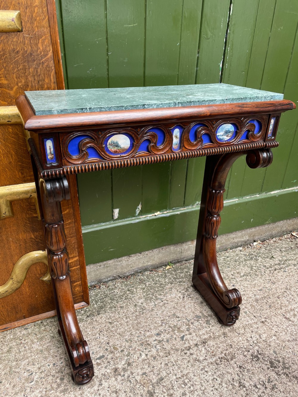 Unusual early C19th George IV period marble-topped rosewood console table of small proportions.