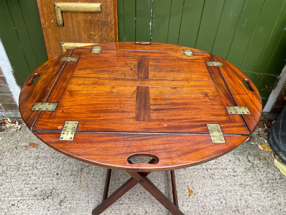 Late C18th George III period hinged and folding-sided oval mahogany butler’s tray and stand . View VI