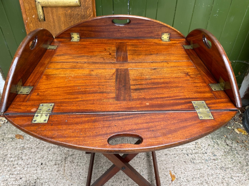 Late C18th George III period hinged and folding-sided oval mahogany butler’s tray and stand . View VII