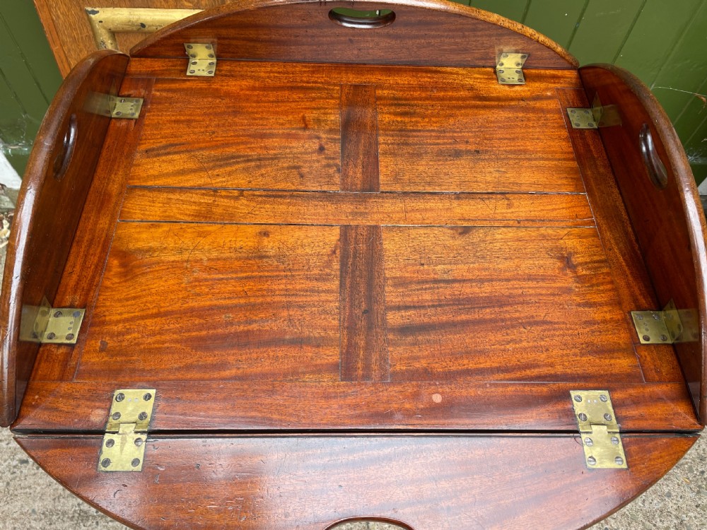 Late C18th George III period hinged and folding-sided oval mahogany butler’s tray and stand . View VIII