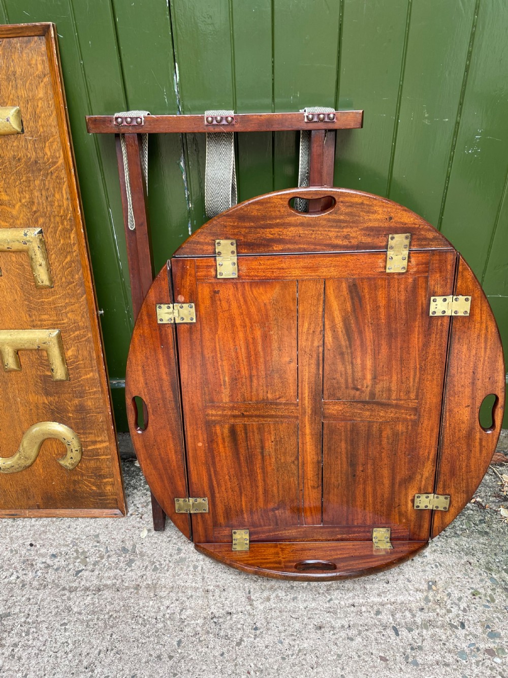 Late C18th George III period hinged and folding-sided oval mahogany butler’s tray and stand . View XIII