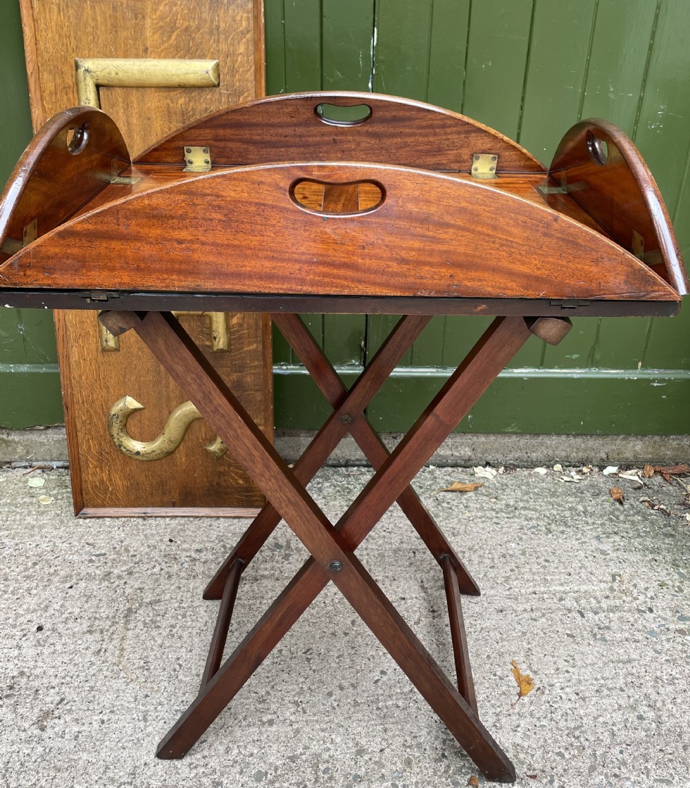 Late C18th George III period hinged and folding-sided oval mahogany butler’s tray and stand . View III