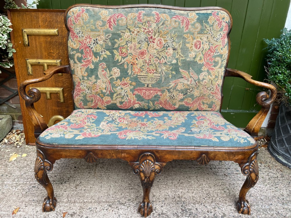 Early C20th carved walnut frame George I period revival settee with fine tapestry covering  View II