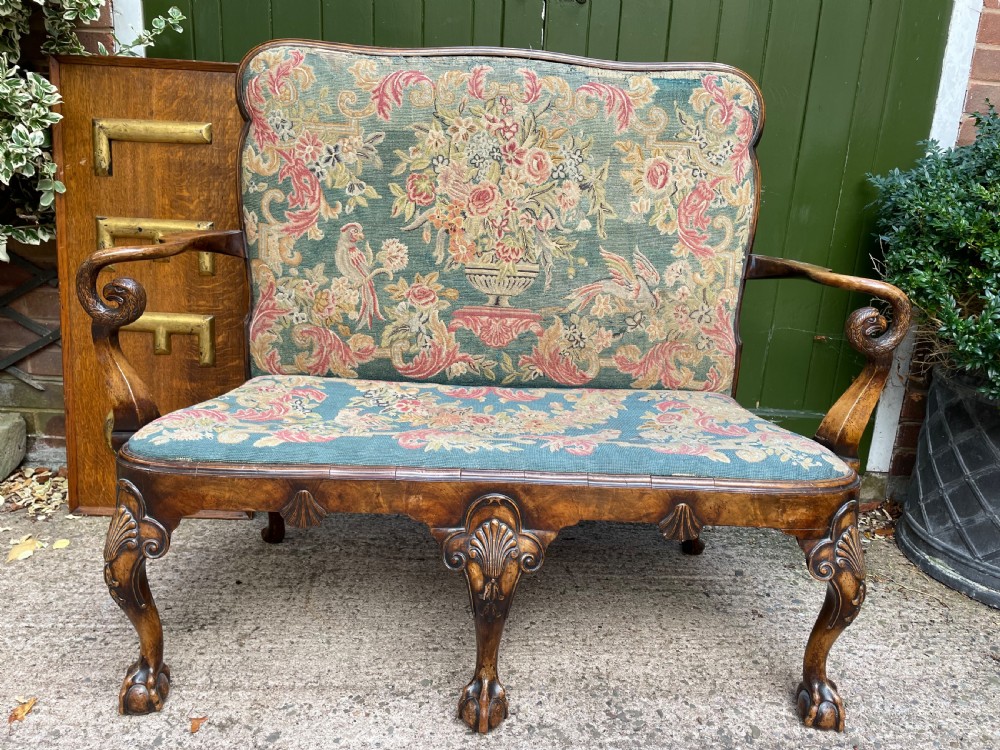 Early C20th carved walnut frame George I period revival settee with fine tapestry covering  View III