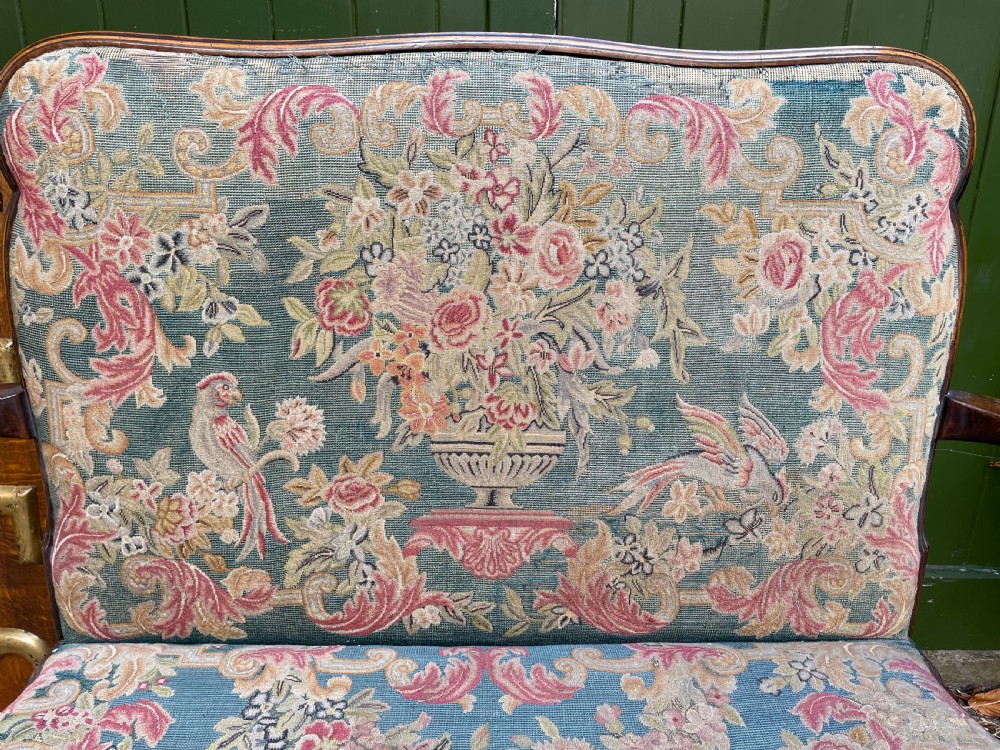 Early C20th carved walnut frame George I period revival settee with fine tapestry covering  View IV